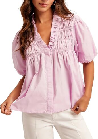 Esmeling Women Puff Short Sleeve Blouse Ruffle V Neck Smocked Top Loose Fit Flowy Summer Shirt in Saudi Arabia