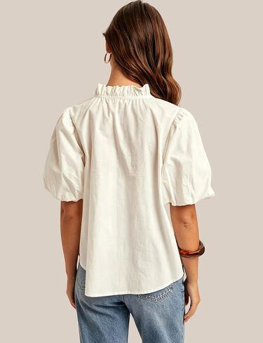Esmeling Women Puff Short Sleeve Blouse Ruffle V Neck Smocked Top Loose Fit Flowy Summer Shirt in Saudi Arabia