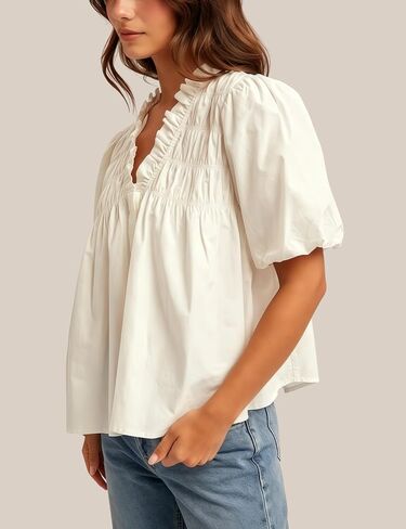 Esmeling Women Puff Short Sleeve Blouse Ruffle V Neck Smocked Top Loose Fit Flowy Summer Shirt in Saudi Arabia