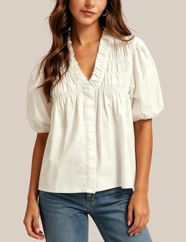 Esmeling Women Puff Short Sleeve Blouse Ruffle V Neck Smocked Top Loose Fit Flowy Summer Shirt in Saudi Arabia