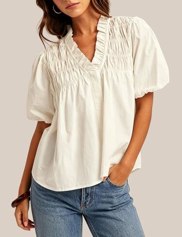 Esmeling Women Puff Short Sleeve Blouse Ruffle V Neck Smocked Top Loose Fit Flowy Summer Shirt in Saudi Arabia