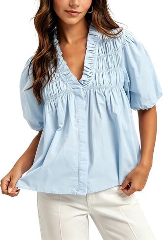 Esmeling Women Puff Short Sleeve Blouse Ruffle V Neck Smocked Top Loose Fit Flowy Summer Shirt in Saudi Arabia