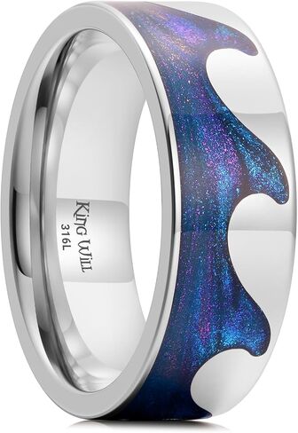 King Will 8mm Silver Stainless Steel Rings, Men's Wedding Rings Mountain/Wave Design Blue/Black/Red Sand Inlay Flat Cut Wedding Band for Men Women Comfort Fit and Durable in Kuwait