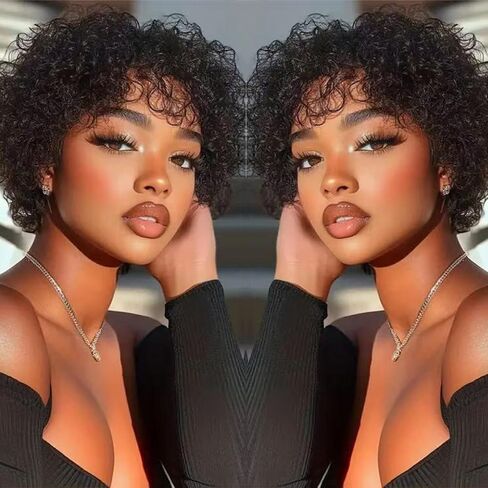 Pixie Cut Wigs for Black Women Short 100% Human Hair Wigs with Bangs Afro Curly Wig Human Hair Short Layered Non Lace and Glueless Front Wig Natural Black in Saudi Arabia