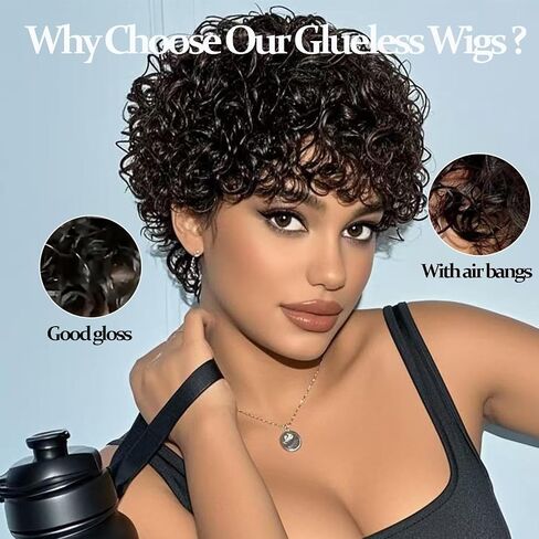 Pixie Cut Wigs for Black Women Short 100% Human Hair Wigs with Bangs Afro Curly Wig Human Hair Short Layered Non Lace and Glueless Front Wig Natural Black in Saudi Arabia