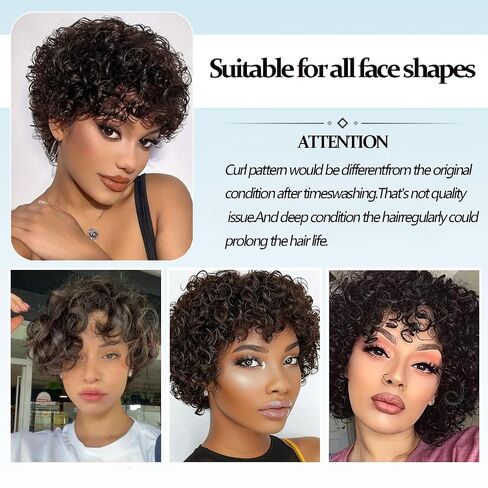 Pixie Cut Wigs for Black Women Short 100% Human Hair Wigs with Bangs Afro Curly Wig Human Hair Short Layered Non Lace and Glueless Front Wig Natural Black in Saudi Arabia