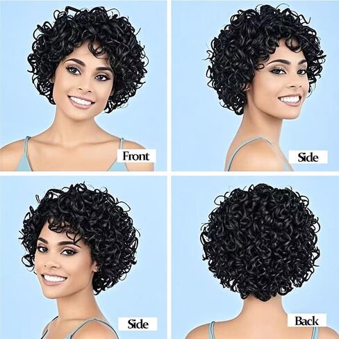 Pixie Cut Wigs for Black Women Short 100% Human Hair Wigs with Bangs Afro Curly Wig Human Hair Short Layered Non Lace and Glueless Front Wig Natural Black in Saudi Arabia