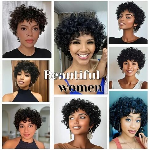 Pixie Cut Wigs for Black Women Short 100% Human Hair Wigs with Bangs Afro Curly Wig Human Hair Short Layered Non Lace and Glueless Front Wig Natural Black in Saudi Arabia