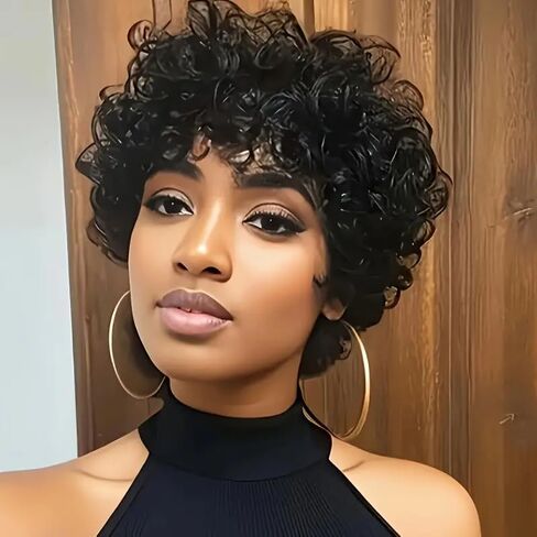 Pixie Cut Wigs for Black Women Short 100% Human Hair Wigs with Bangs Afro Curly Wig Human Hair Short Layered Non Lace and Glueless Front Wig Natural Black in Saudi Arabia