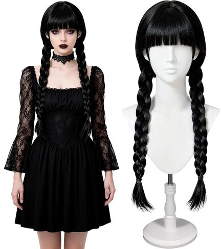 Women's Gothic Black Braided Wig with Bangs - Long Straight Twin Ponytail Synthetic Fiber Wig for Halloween & Party Costumes in Saudi Arabia