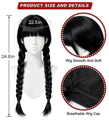 Women's Gothic Black Braided Wig with Bangs - Long Straight Twin Ponytail Synthetic Fiber Wig for Halloween & Party Costumes in Saudi Arabia