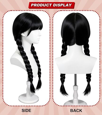 Women's Gothic Black Braided Wig with Bangs - Long Straight Twin Ponytail Synthetic Fiber Wig for Halloween & Party Costumes in Saudi Arabia