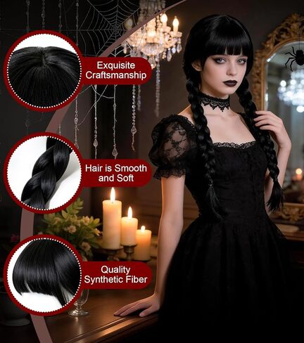 Women's Gothic Black Braided Wig with Bangs - Long Straight Twin Ponytail Synthetic Fiber Wig for Halloween & Party Costumes in Saudi Arabia