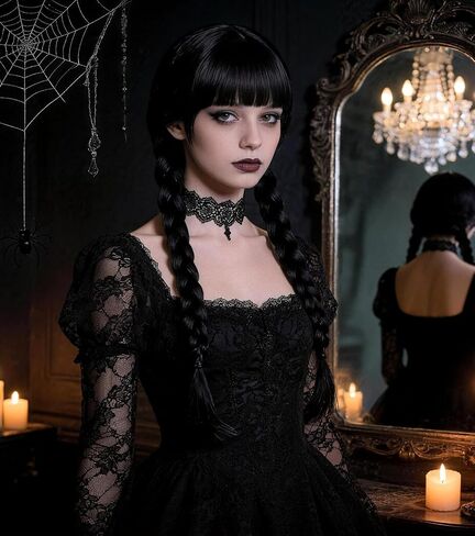 Women's Gothic Black Braided Wig with Bangs - Long Straight Twin Ponytail Synthetic Fiber Wig for Halloween & Party Costumes in Saudi Arabia