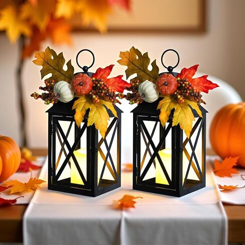 Taman Fall Decorations Candle Lantern, 14.7" Flickering Flameless Lanterns Decorative Hanging Candle Lantern Metal Vintage for Thanksgiving Day Outdoor Patio Garden, Table,Party Decor, 2 Pack in Saudi Arabia