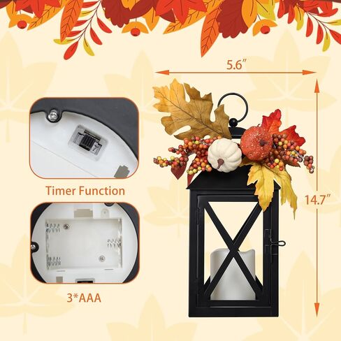 Taman Fall Decorations Candle Lantern, 14.7" Flickering Flameless Lanterns Decorative Hanging Candle Lantern Metal Vintage for Thanksgiving Day Outdoor Patio Garden, Table,Party Decor, 2 Pack in Saudi Arabia
