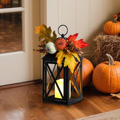 Taman Fall Decorations Candle Lantern, 14.7" Flickering Flameless Lanterns Decorative Hanging Candle Lantern Metal Vintage for Thanksgiving Day Outdoor Patio Garden, Table,Party Decor, 2 Pack in Saudi Arabia