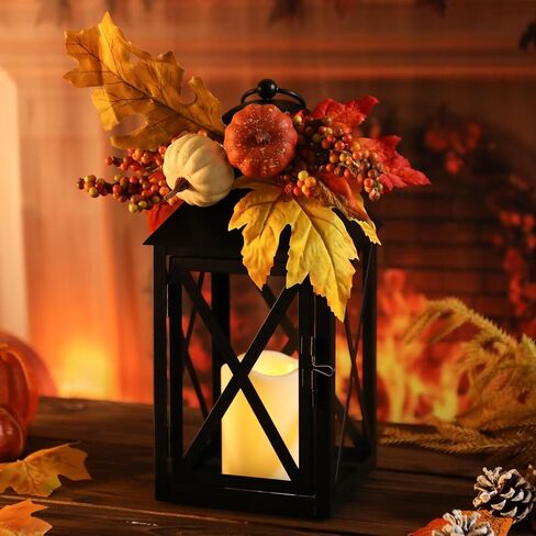 Taman Fall Decorations Candle Lantern, 14.7" Flickering Flameless Lanterns Decorative Hanging Candle Lantern Metal Vintage for Thanksgiving Day Outdoor Patio Garden, Table,Party Decor, 2 Pack in Saudi Arabia