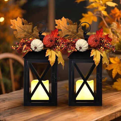 Taman Fall Decorations Candle Lantern, 14.7" Flickering Flameless Lanterns Decorative Hanging Candle Lantern Metal Vintage for Thanksgiving Day Outdoor Patio Garden, Table,Party Decor, 2 Pack in Saudi Arabia
