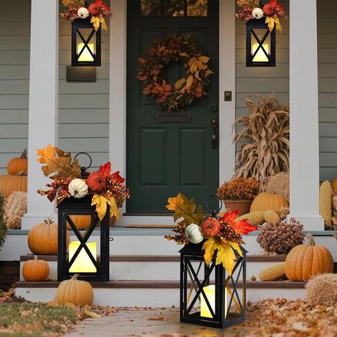 Taman Fall Decorations Candle Lantern, 14.7" Flickering Flameless Lanterns Decorative Hanging Candle Lantern Metal Vintage for Thanksgiving Day Outdoor Patio Garden, Table,Party Decor, 2 Pack in Saudi Arabia