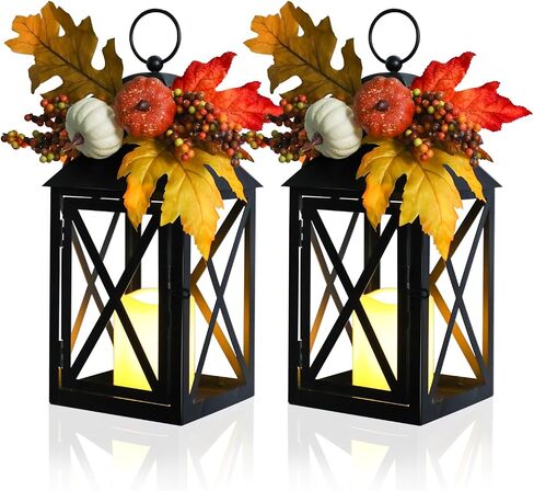 Taman Fall Decorations Candle Lantern, 14.7" Flickering Flameless Lanterns Decorative Hanging Candle Lantern Metal Vintage for Thanksgiving Day Outdoor Patio Garden, Table,Party Decor, 2 Pack in Saudi Arabia