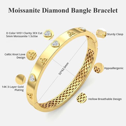 7 Inches Moissanite Bangle Bracelet for Women, 5mm 1.5CT Heart Shape D Color VVS1 Celtic Knot Bracelets, 14k Gold Bracelets for Valentine's Day Gift in Saudi Arabia