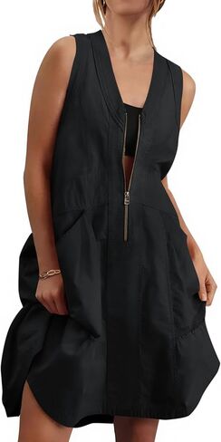 فستان Fisoew نسائي قصير بدون أكمام بدون أكمام كاجوال بنصف سحاب ورقبة على شكل V وفضفاض شبكي من الخلف فساتين صيفية مفيدة مع جيوب in Kuwait