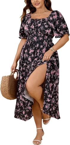 SHESTARR Women's Plus Size Summer Milkmaid Dress Short Sleeve Square Neck Tie Front Split A-Line Boho Casual Dress in Kuwait