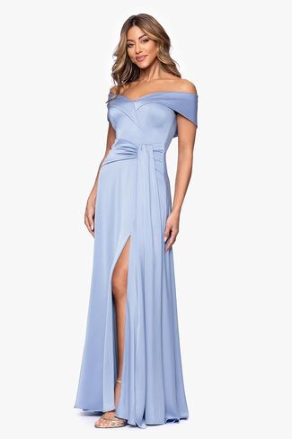 Xscape Women's Satin Off the Shoulder Floor Length Dress (Petite) in Kuwait