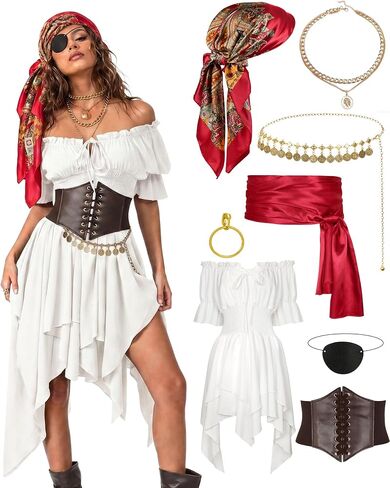 8 Pcs Pirate Costume Women Renaissance Dress Set, Medieval Pirate Outfit for Women with Corset Belt and Accessories in Saudi Arabia