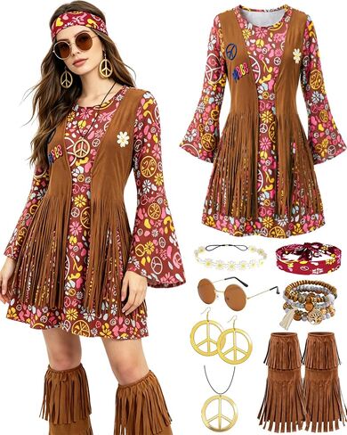 kasahara 60s 70s Outfit for Women Hippie Dress Clothes Boho Disco Costume with Hippie Headband Necklace Earrings Bracelet in Saudi Arabia