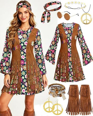 kasahara 60s 70s Outfit for Women Hippie Dress Clothes Boho Disco Costume with Hippie Headband Necklace Earrings Bracelet in Saudi Arabia