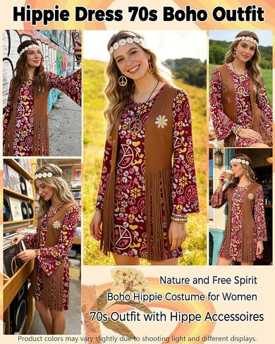 kasahara 60s 70s Outfit for Women Hippie Dress Clothes Boho Disco Costume with Hippie Headband Necklace Earrings Bracelet in Saudi Arabia