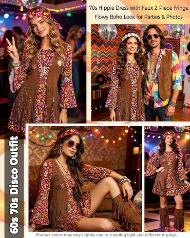 kasahara 60s 70s Outfit for Women Hippie Dress Clothes Boho Disco Costume with Hippie Headband Necklace Earrings Bracelet in Saudi Arabia