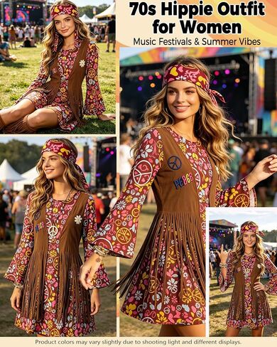 kasahara 60s 70s Outfit for Women Hippie Dress Clothes Boho Disco Costume with Hippie Headband Necklace Earrings Bracelet in Saudi Arabia