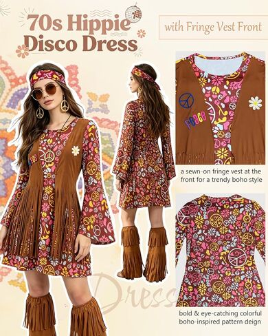 kasahara 60s 70s Outfit for Women Hippie Dress Clothes Boho Disco Costume with Hippie Headband Necklace Earrings Bracelet in Saudi Arabia