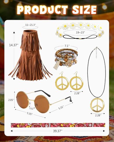 kasahara 60s 70s Outfit for Women Hippie Dress Clothes Boho Disco Costume with Hippie Headband Necklace Earrings Bracelet in Saudi Arabia