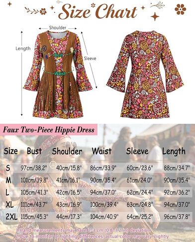 kasahara 60s 70s Outfit for Women Hippie Dress Clothes Boho Disco Costume with Hippie Headband Necklace Earrings Bracelet in Saudi Arabia