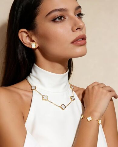 Clover Jewelry Set for Women 18K Gold Plated Four Leaf Stud Earring Necklace and Bracelet Set Stainless Steel Adjustable Link Chain Lucky Simple Jewelry Gift for Women 3Pcs in Saudi Arabia