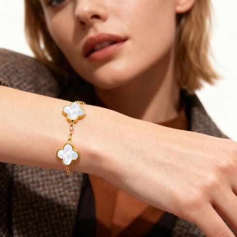Clover Jewelry Set for Women 18K Gold Plated Four Leaf Stud Earring Necklace and Bracelet Set Stainless Steel Adjustable Link Chain Lucky Simple Jewelry Gift for Women 3Pcs in Saudi Arabia