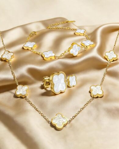 Clover Jewelry Set for Women 18K Gold Plated Four Leaf Stud Earring Necklace and Bracelet Set Stainless Steel Adjustable Link Chain Lucky Simple Jewelry Gift for Women 3Pcs in Saudi Arabia