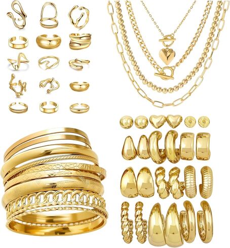 53 Pcs Gold Jewelry Set for Women Multi Layered Necklaces Bangles Bracelets Dainty Ear Studs Chunky Hoop Earrings Stackable Knuckle Rings Gold Plated Fashion Jewelry for Women in Saudi Arabia