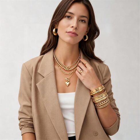 53 Pcs Gold Jewelry Set for Women Multi Layered Necklaces Bangles Bracelets Dainty Ear Studs Chunky Hoop Earrings Stackable Knuckle Rings Gold Plated Fashion Jewelry for Women in Saudi Arabia