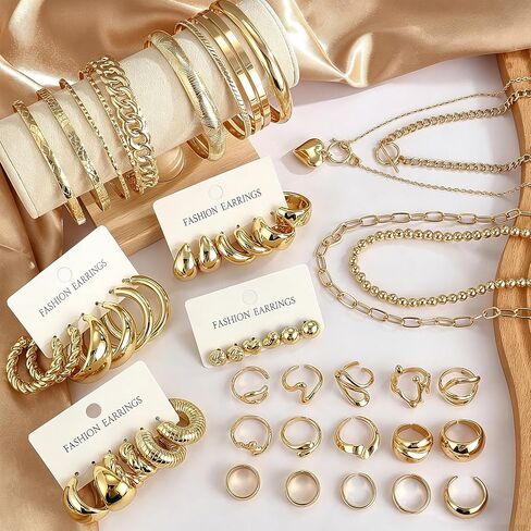 53 Pcs Gold Jewelry Set for Women Multi Layered Necklaces Bangles Bracelets Dainty Ear Studs Chunky Hoop Earrings Stackable Knuckle Rings Gold Plated Fashion Jewelry for Women in Saudi Arabia