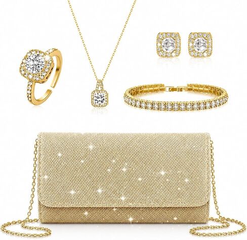 5 Pcs Rhinestone Jewelry Set for Women, Bling Crystal Clutch Purse Necklace Bracelet Earrings & Ring, Elegant Bridal Wedding Accessory Set for Bridesmaids Prom Evening Party in Saudi Arabia