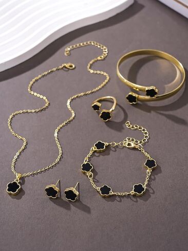 Sparkling Lucky Clover Jewelry Set for Women, Acrylic Bracelet, Earrings and Necklace Set, Four-Leaf Clover Design, Fashionable Elegant Gift for Her, Trendy Women’s Accessories in Kuwait