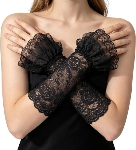 Lace Arm Sleeves for Women - Black/White Floral Lace Gloves Fingerless Mid Elbow Sleeve for Wedding Opera Tea Party in Saudi Arabia