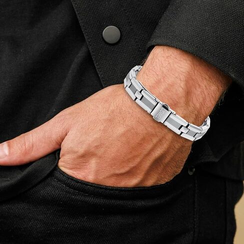 Men's 8.75" Tungsten Black Satin and Polished Finish Faceted Link Bracelet - Refined Elegance, Dynamic Style Adjustable (Silver) in Saudi Arabia