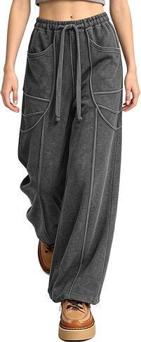 Women's Acid Wash Sweatpants Wide Leg Palazzo High Waist Drawstring Elastic Waist Casual Pants with Pockets in Kuwait