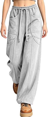 Women's Acid Wash Sweatpants Wide Leg Palazzo High Waist Drawstring Elastic Waist Casual Pants with Pockets in Kuwait